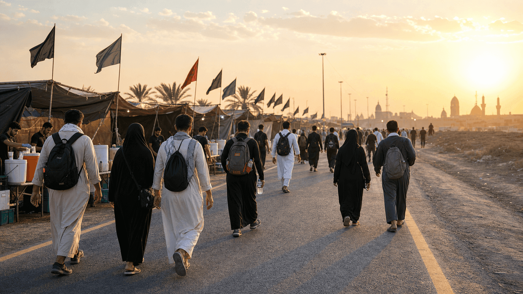 Arbaeen walk guide image showing pilgrims walking the road from Najaf to Karbala during the Arbaeen pilgrimage in Iraq.