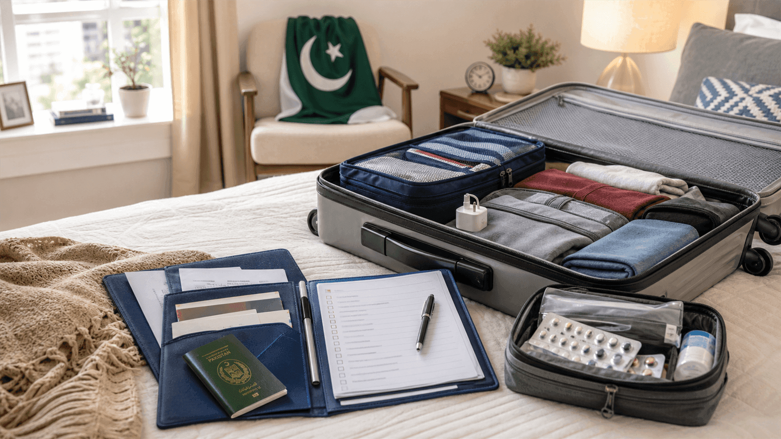 Moving to USA checklist image showing packed luggage and travel documents ready for a flight to the United States.