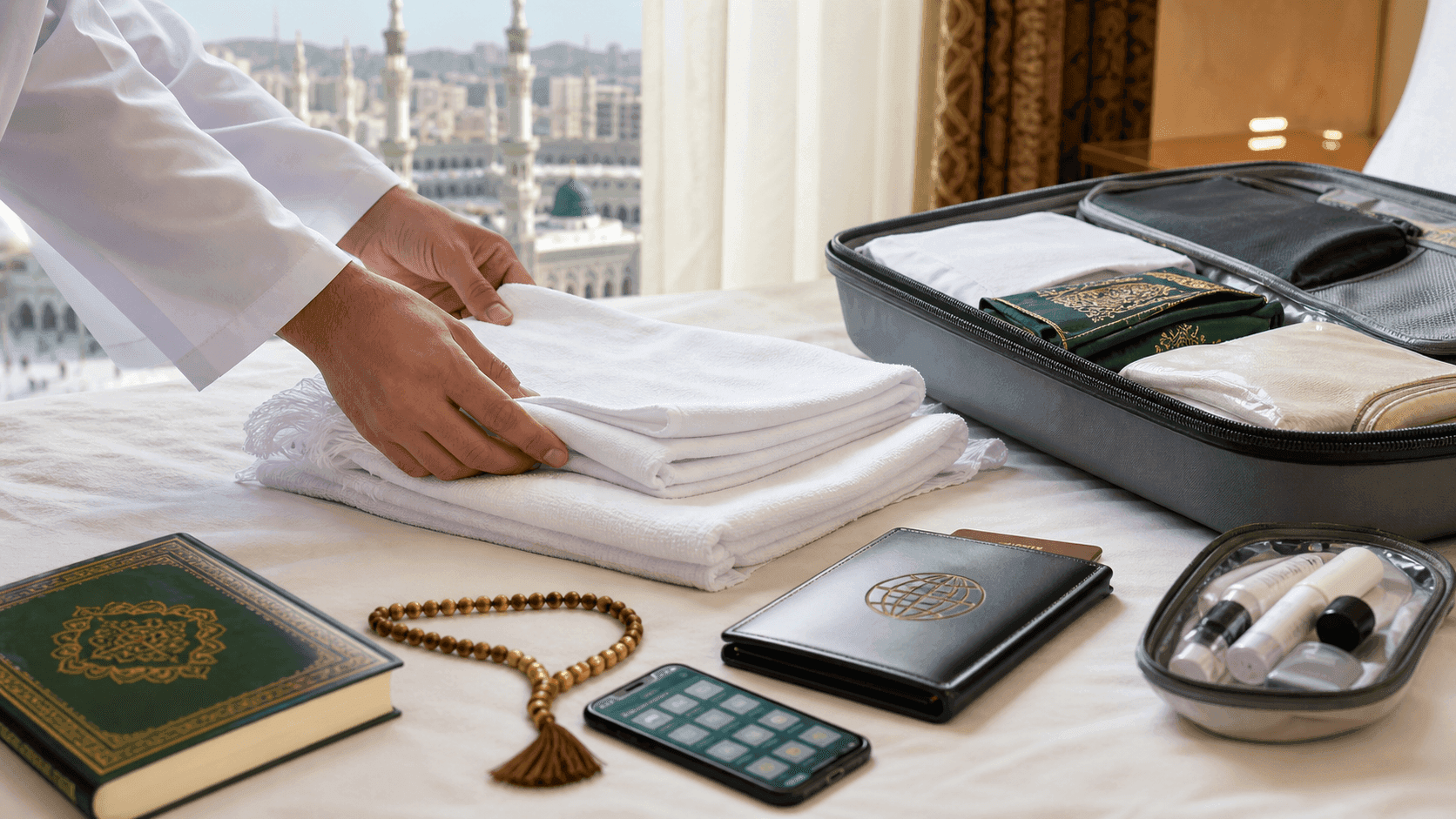 Umrah travel guide image showing folded ihram, passport wallet, prayer beads and travel essentials prepared by Pakistani pilgrims.