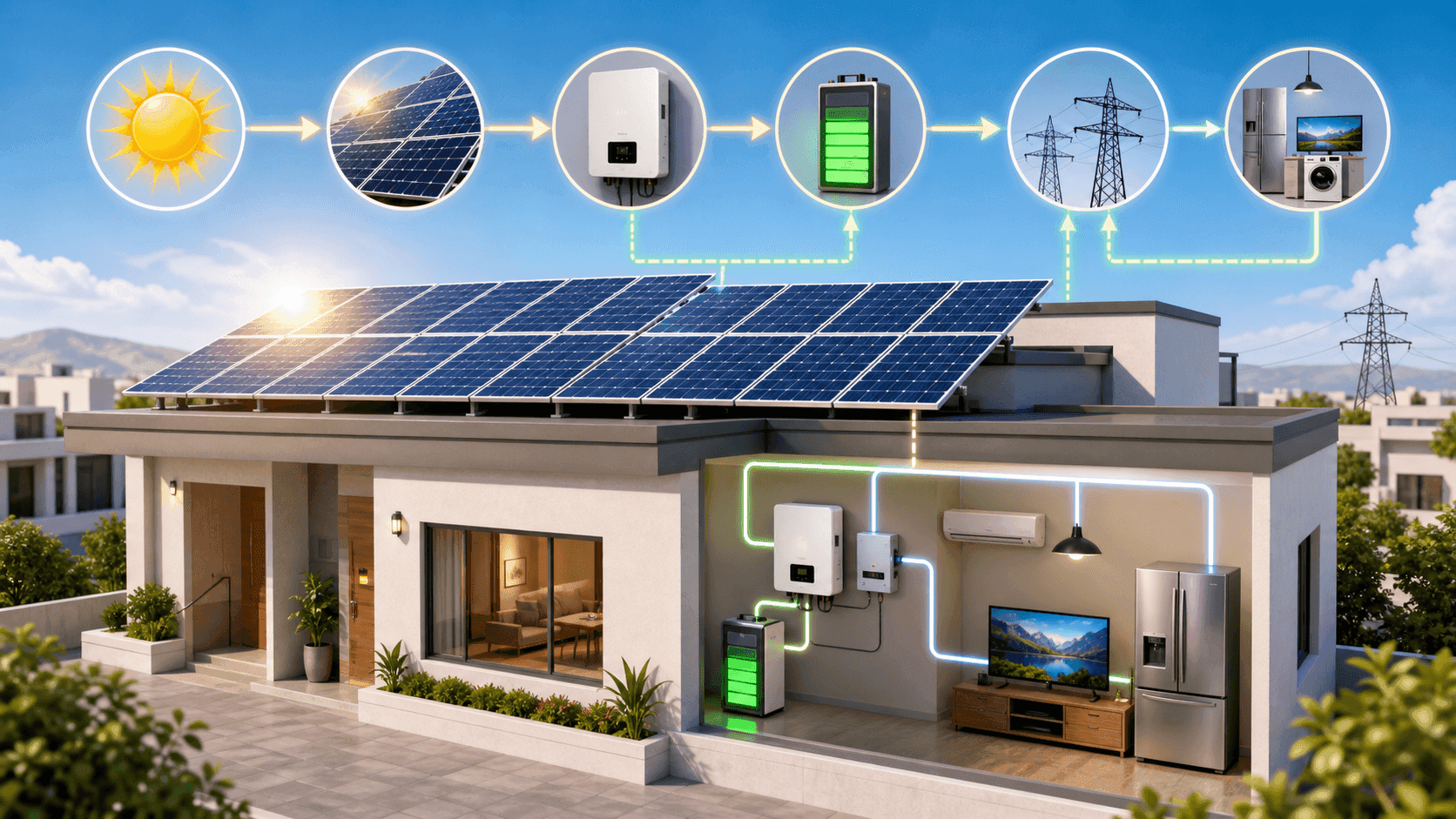 Diagram showing how solar energy works with rooftop solar panels, an inverter, battery storage, the electrical grid and home appliances.