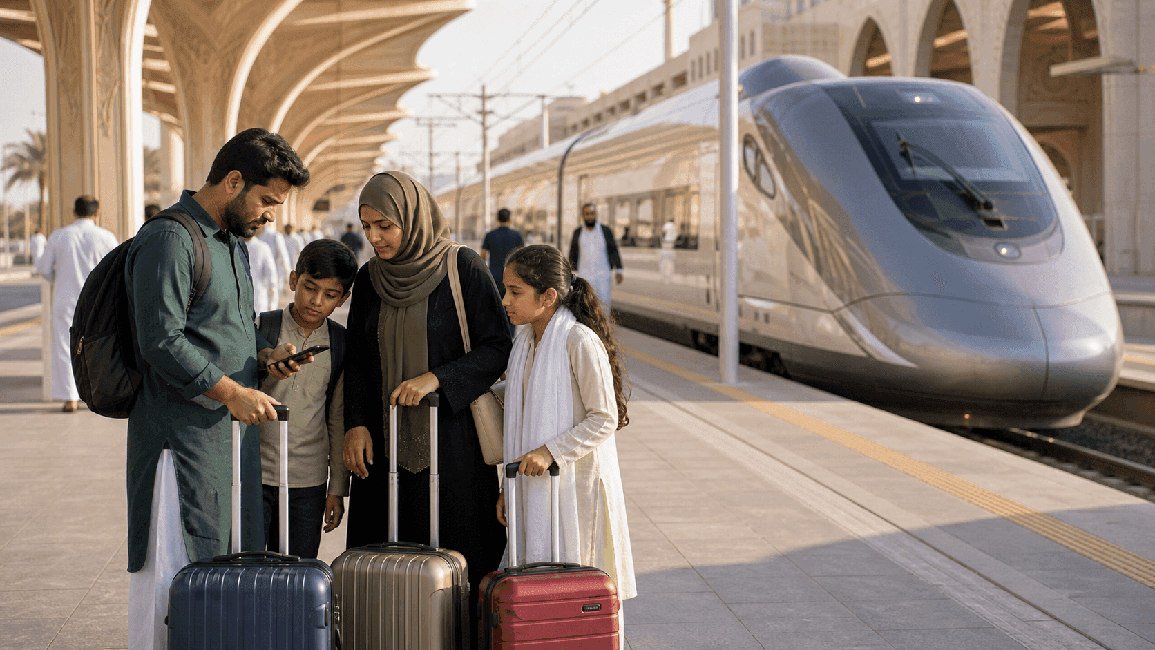 Makkah to Madinah travel guide image showing pilgrims with luggage planning a Saudi train journey between the two holy cities.