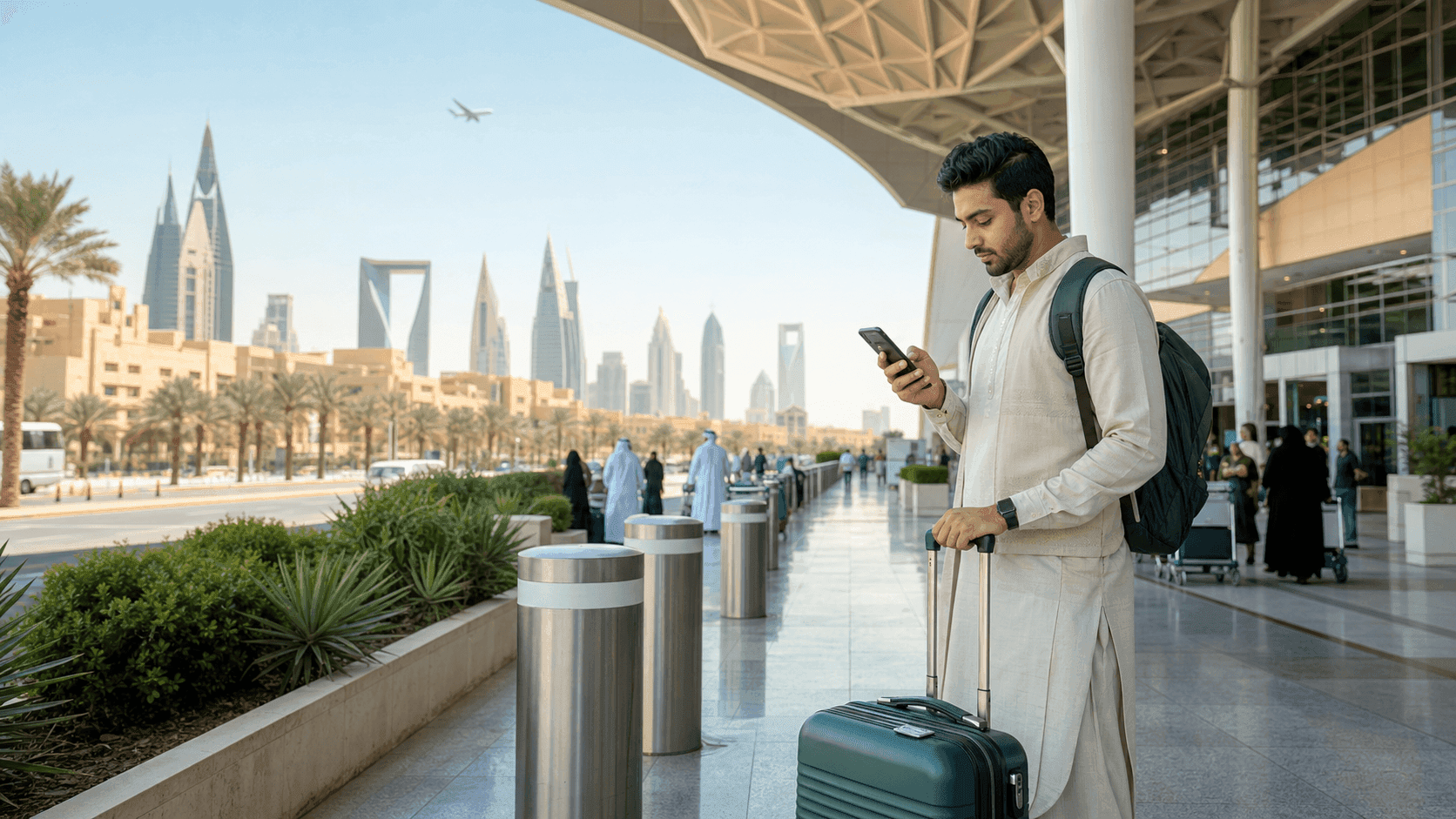 Saudi Arabia travel guide image showing a Pakistani visitor arriving with luggage, phone navigation and modern Saudi city travel planning.