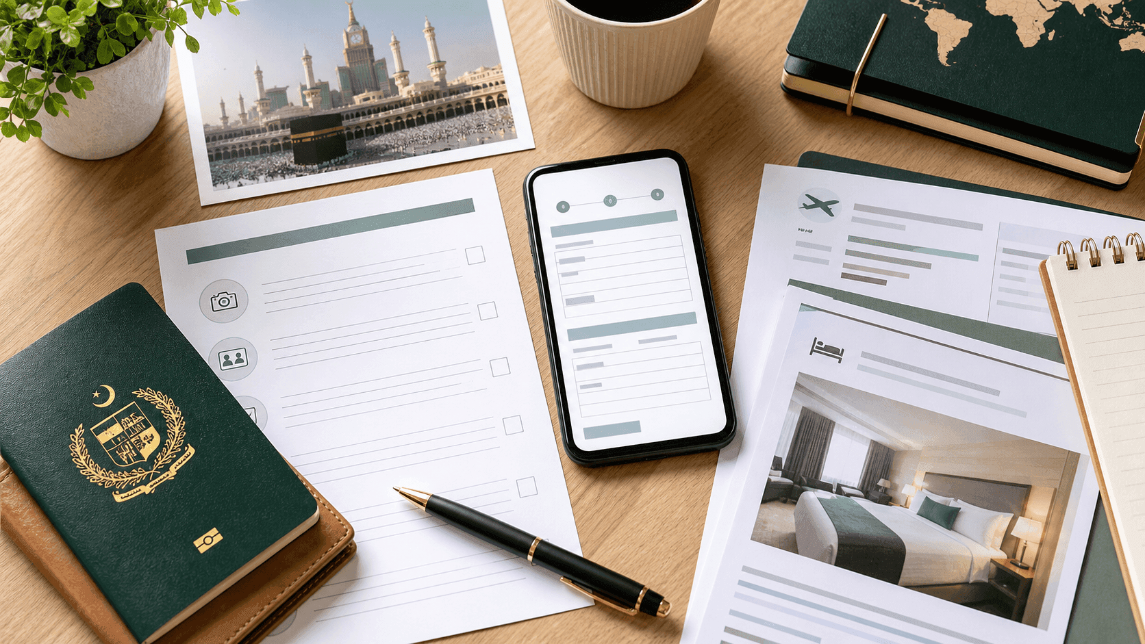 Saudi tourist visa guide image with Pakistani passport, travel itinerary, hotel booking papers and organized Saudi trip documents.